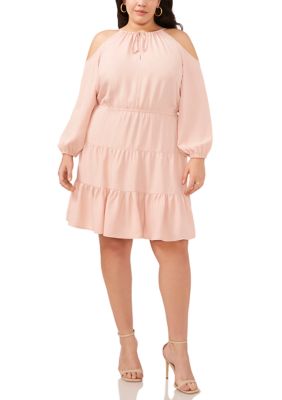 Plus Long Sleeve Cold Shoulder Tiered Dress