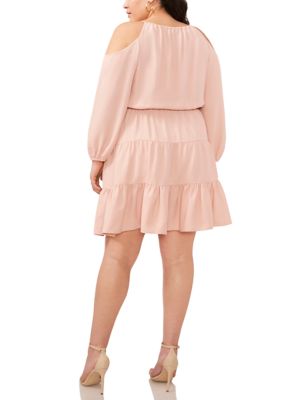 Plus Long Sleeve Cold Shoulder Tiered Dress