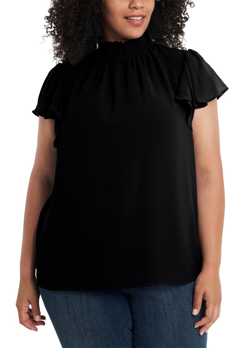 Plus Size Flutter Sleeve Mock Neck Top 