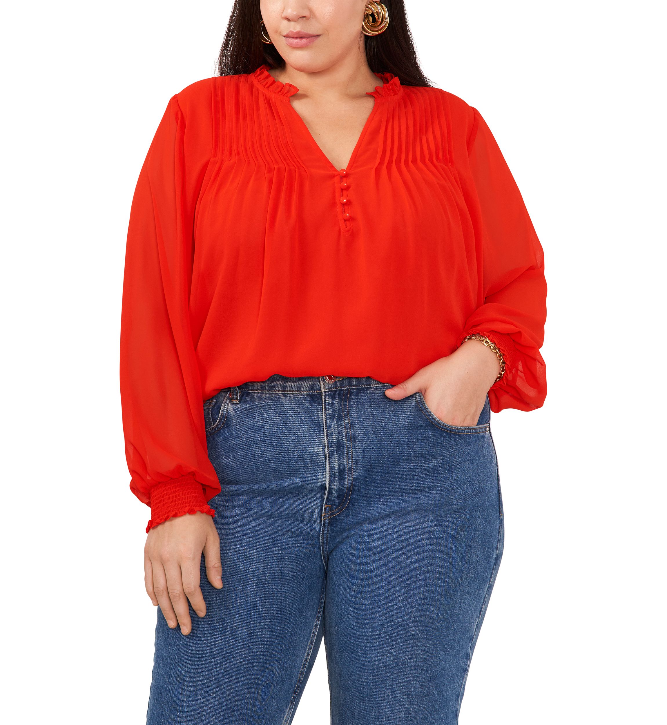Plus Size Pleated Yoke V-Neck Top