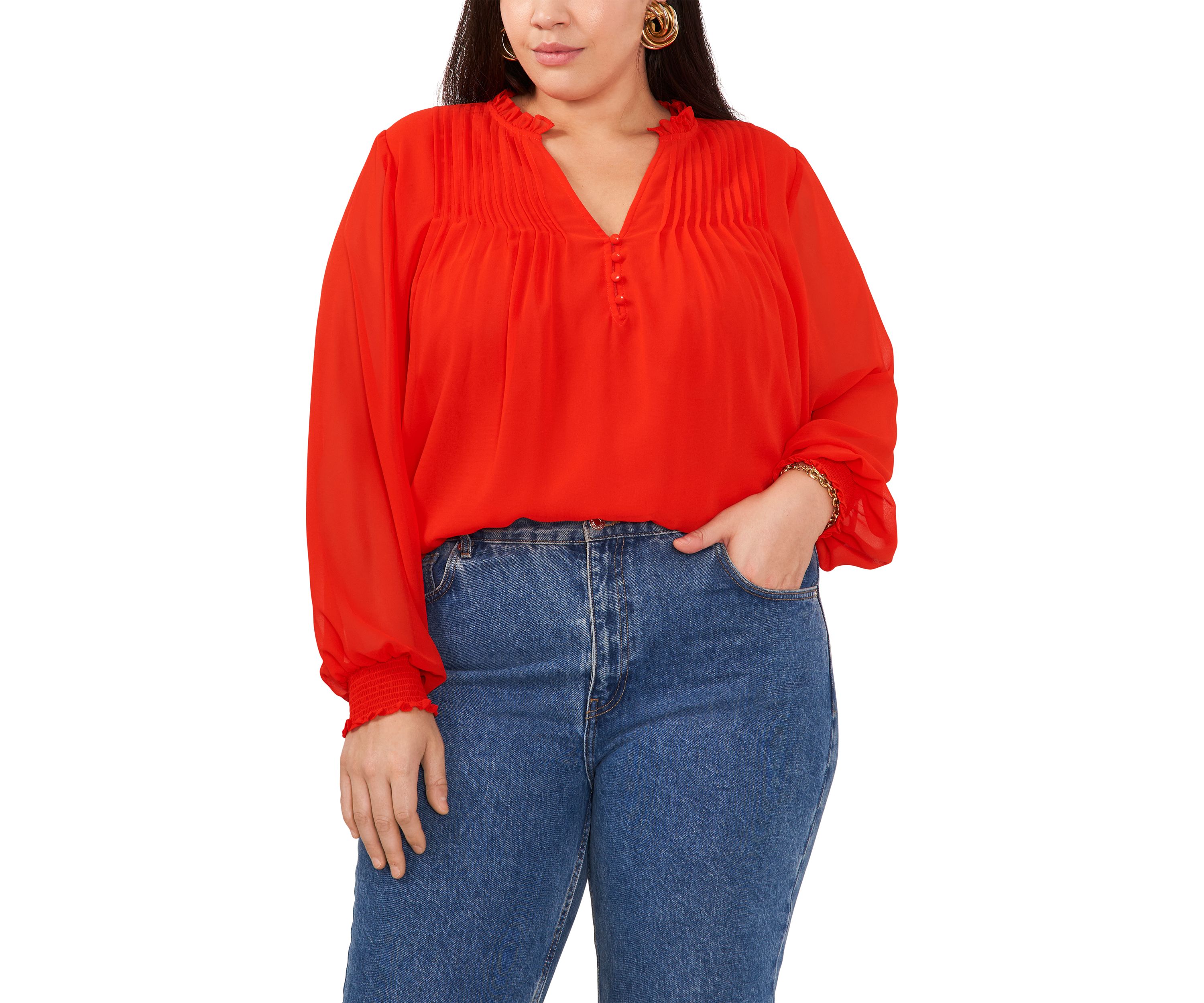 Plus Size Pleated Yoke V-Neck Top