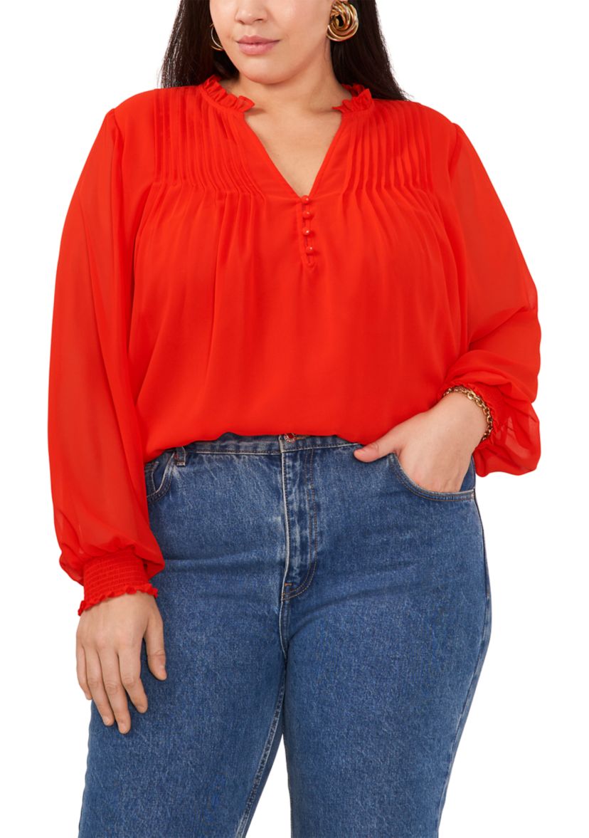 Plus Size Pleated Yoke V-Neck Top