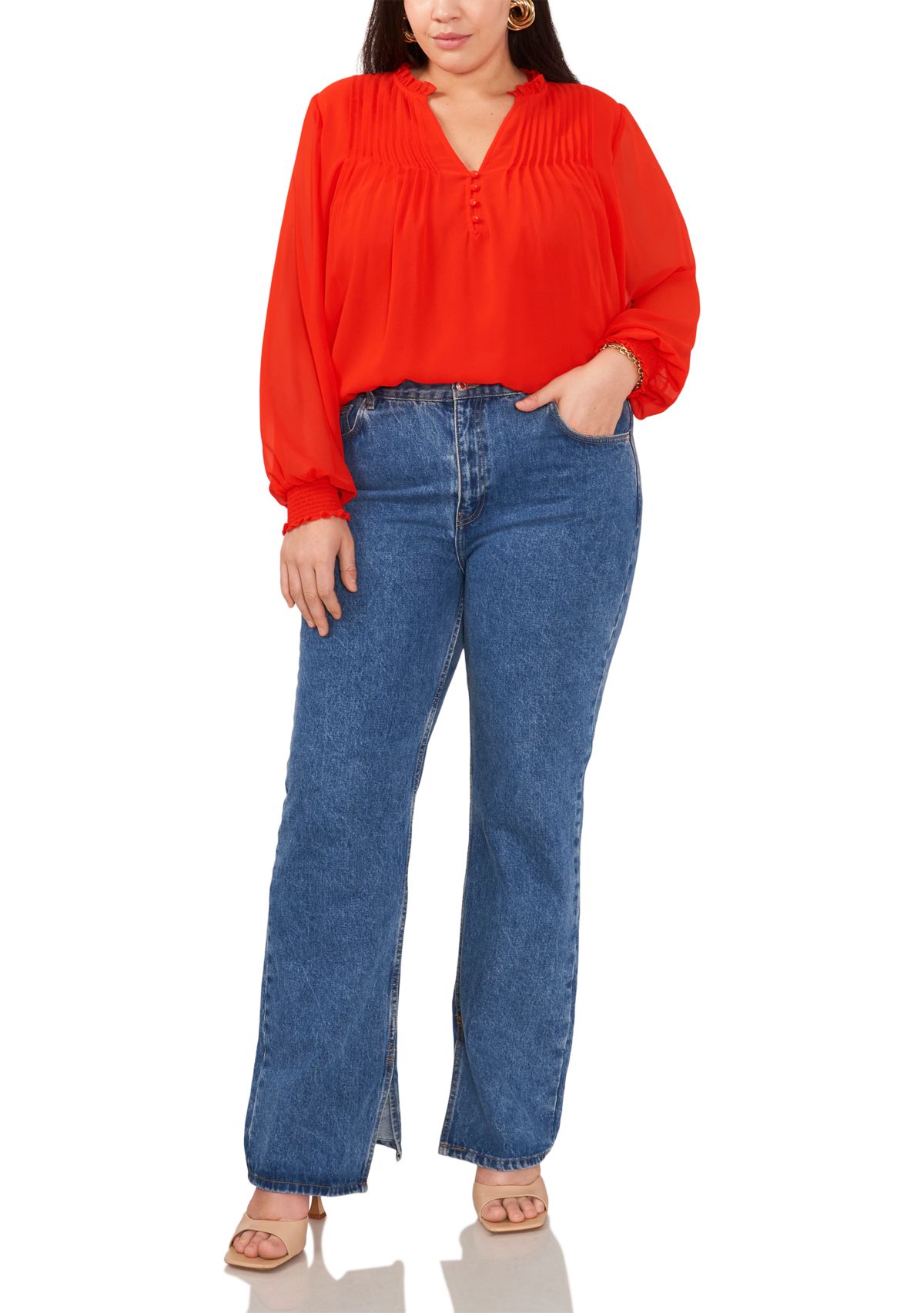 Plus Size Pleated Yoke V-Neck Top