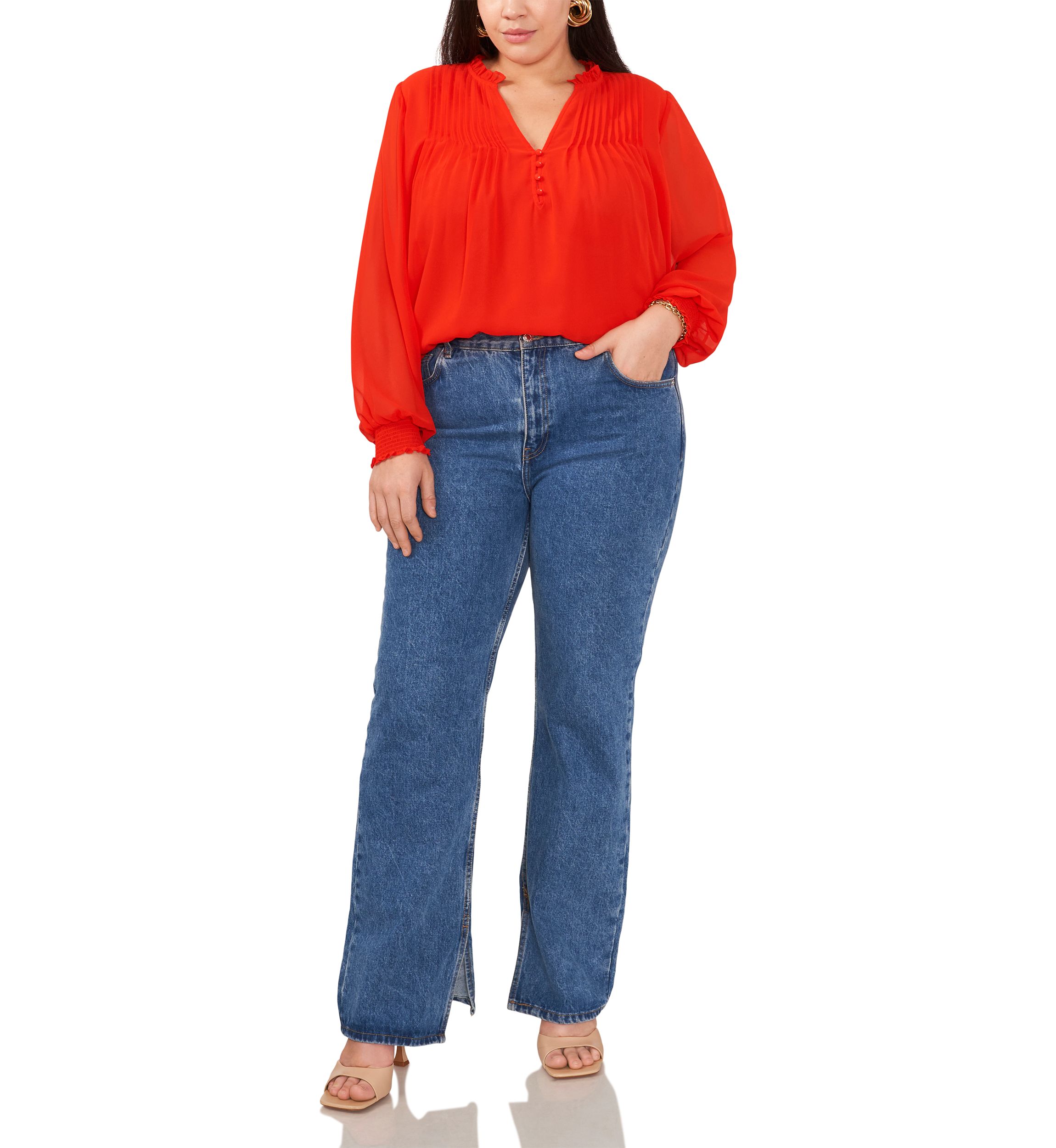 Plus Size Pleated Yoke V-Neck Top