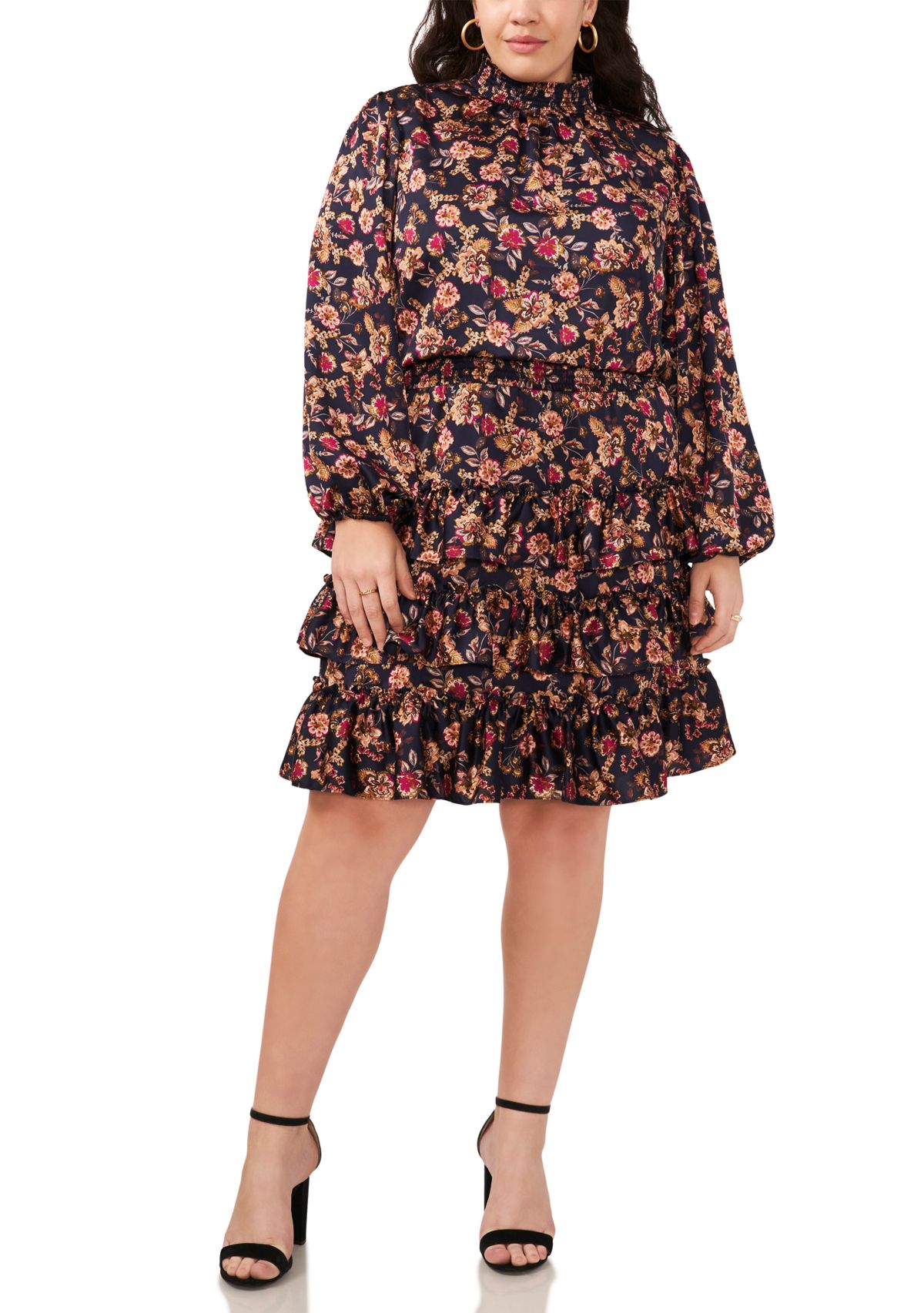 Plus Size Blouson Sleeve Mock Neck Floral Dress