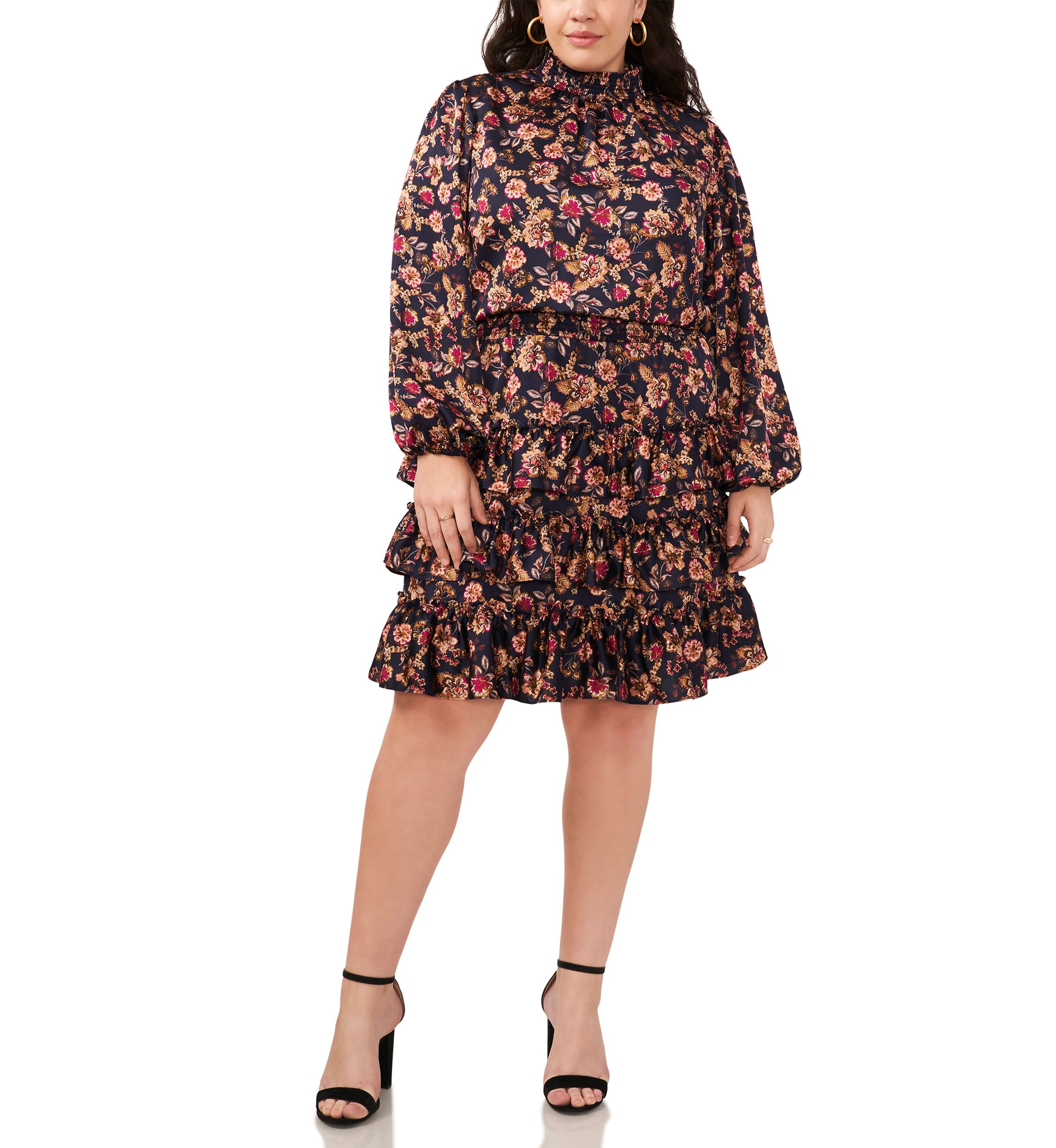 Plus Size Blouson Sleeve Mock Neck Floral Dress