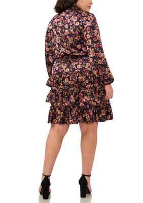 Plus Blouson Sleeve Mock Neck Floral Dress