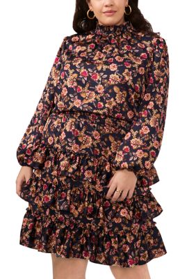 Plus Blouson Sleeve Mock Neck Floral Dress