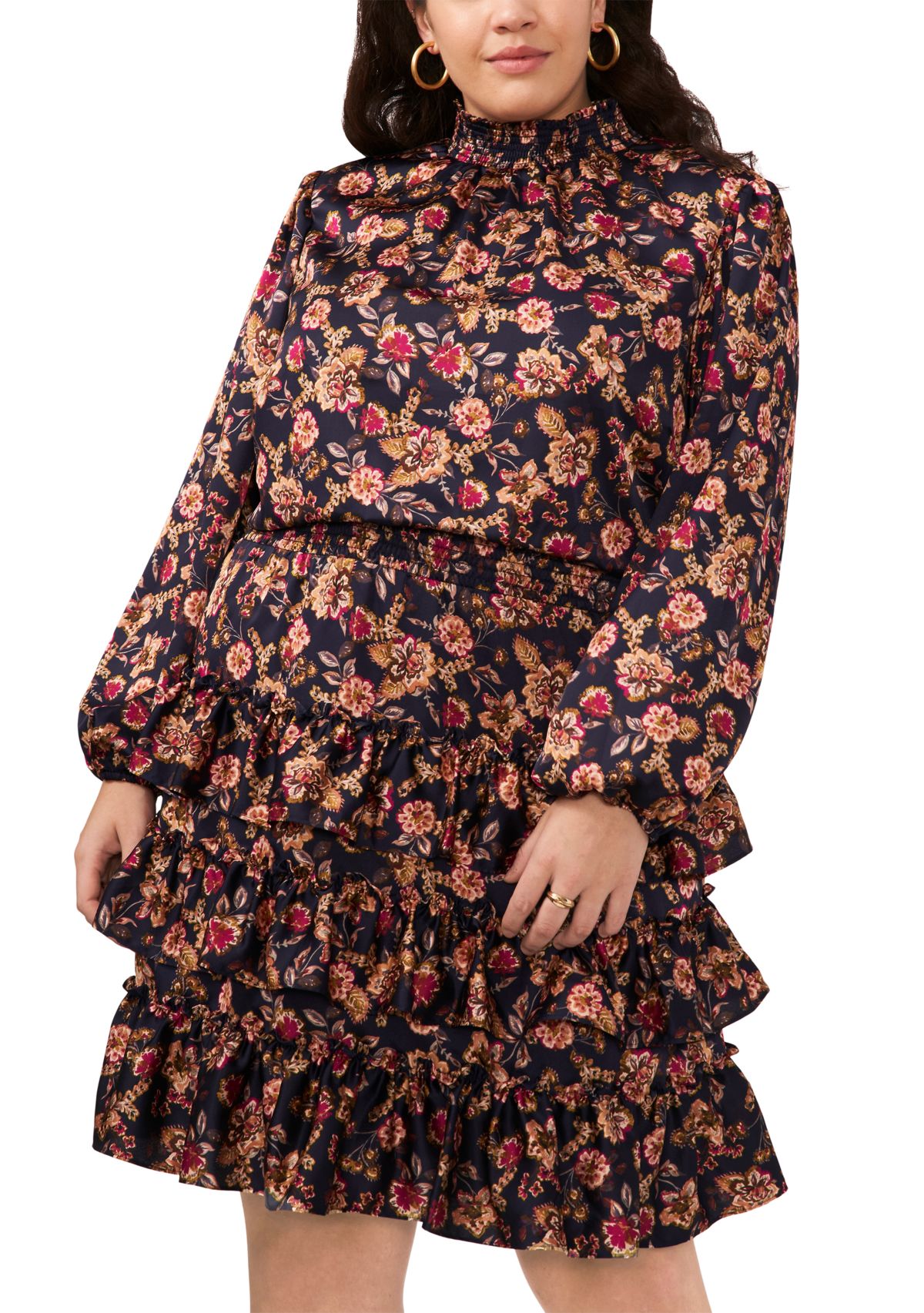 Plus Size Blouson Sleeve Mock Neck Floral Dress
