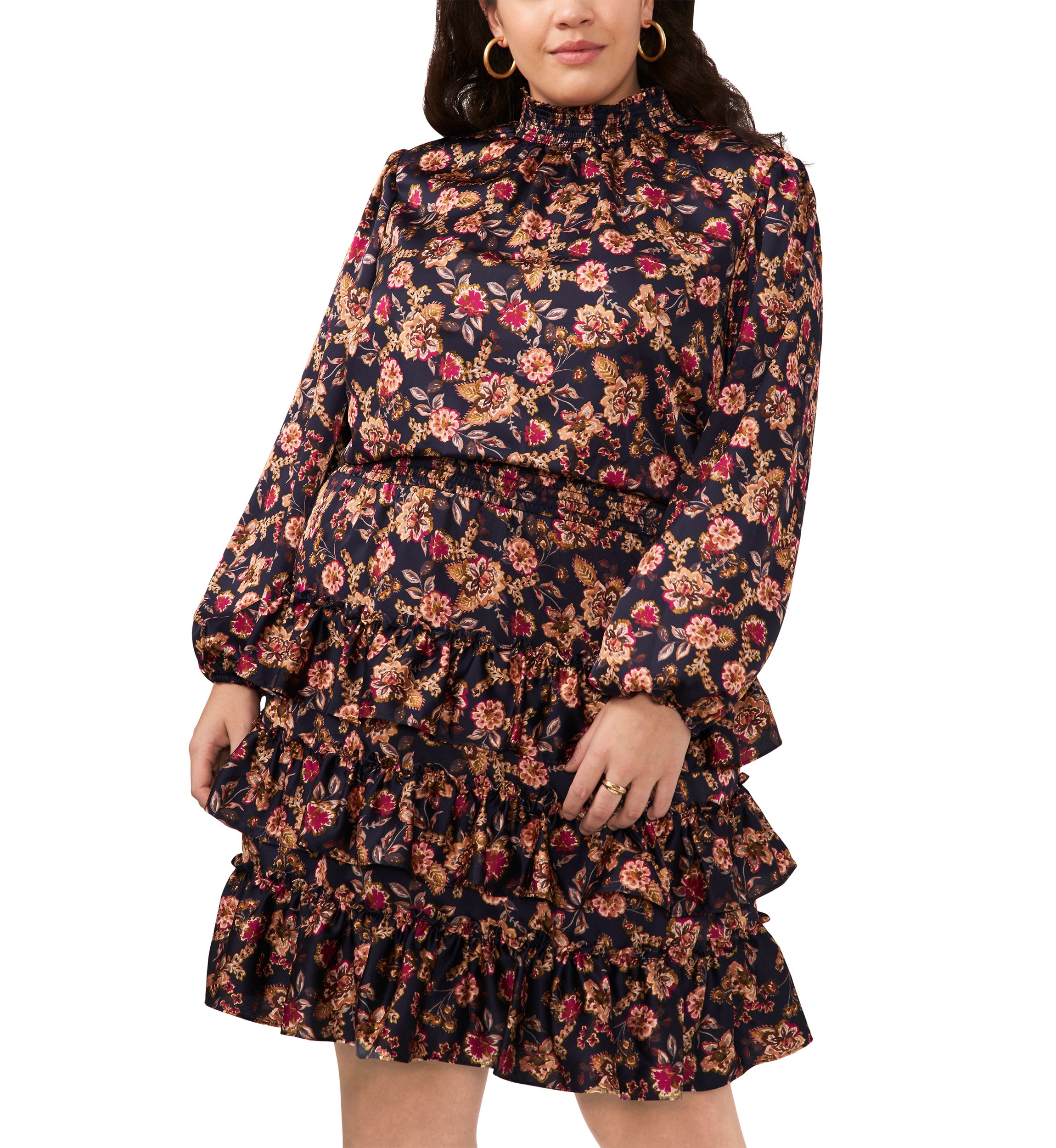 Plus Size Blouson Sleeve Mock Neck Floral Dress