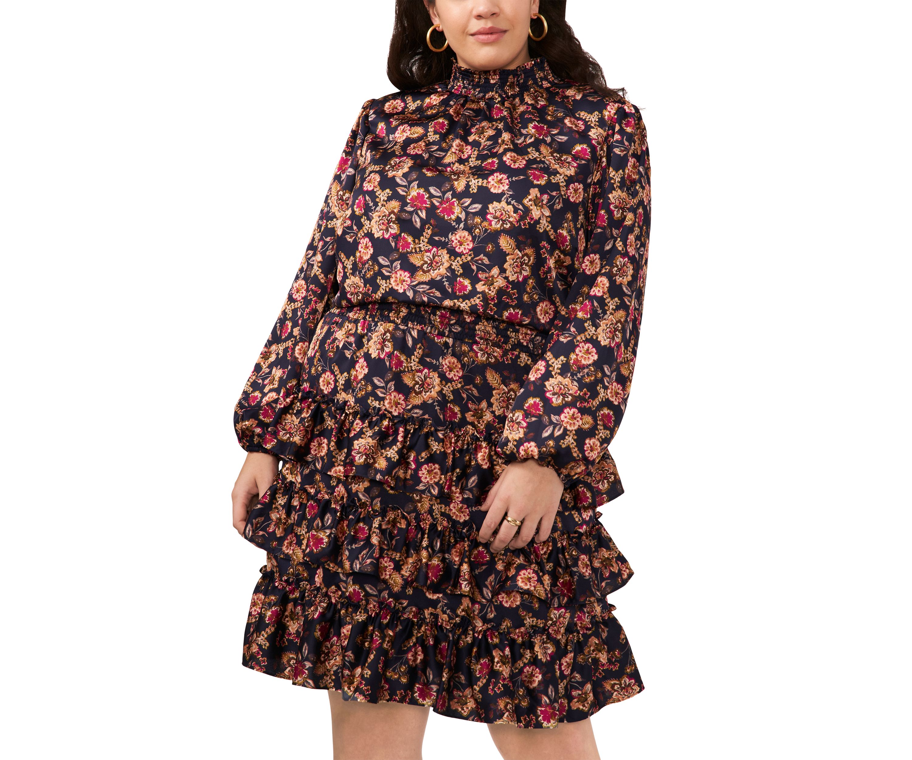 Plus Size Blouson Sleeve Mock Neck Floral Dress