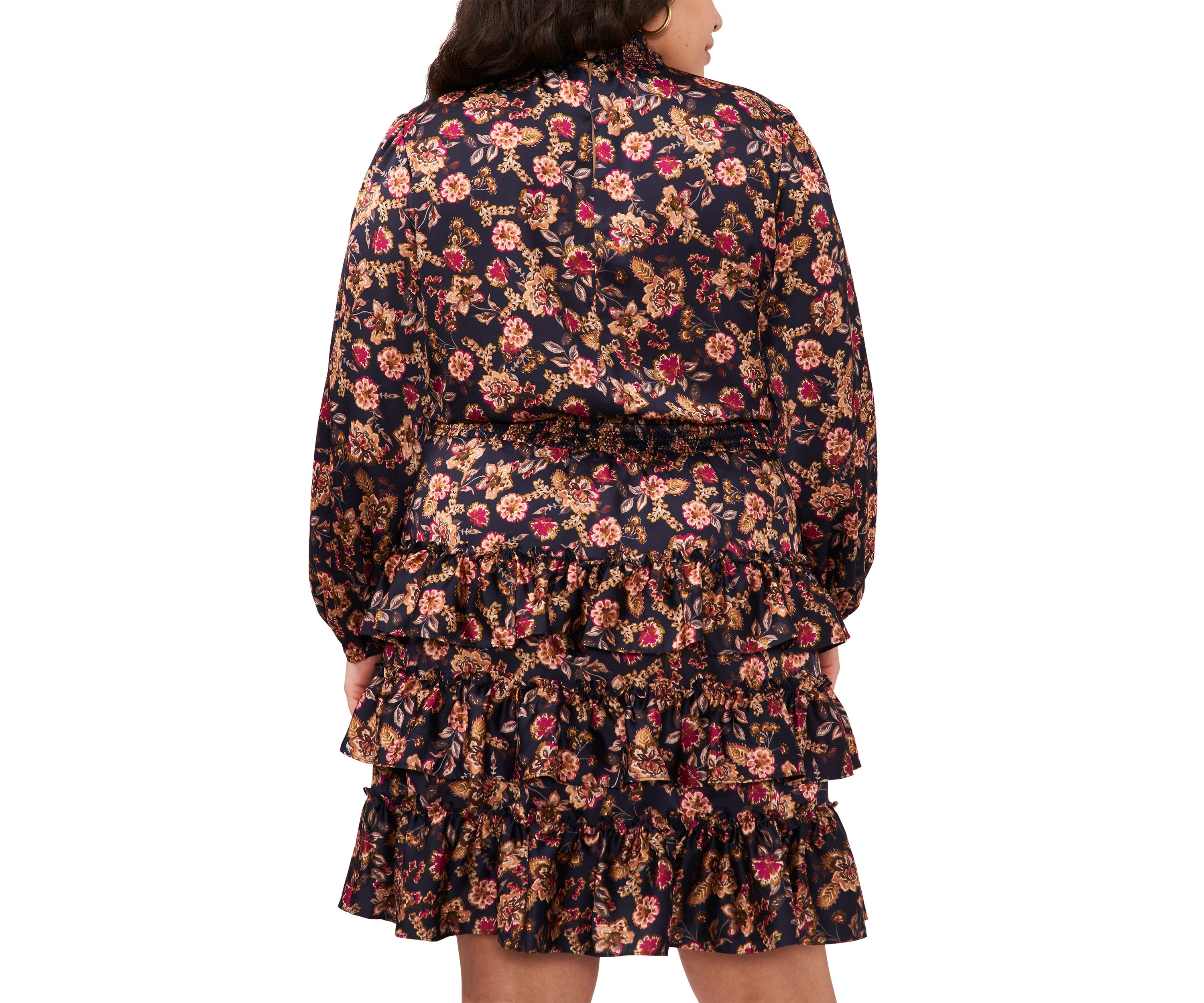Plus Size Blouson Sleeve Mock Neck Floral Dress