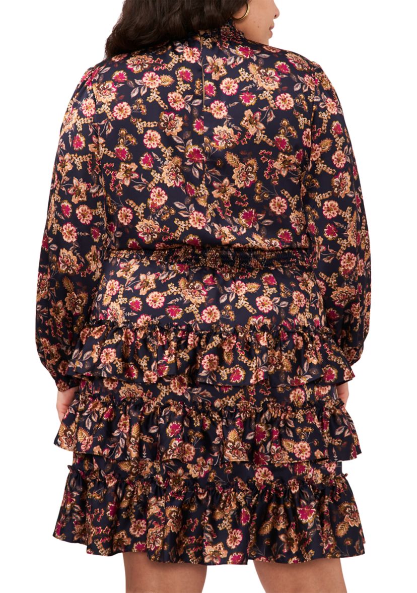 Plus Size Blouson Sleeve Mock Neck Floral Dress