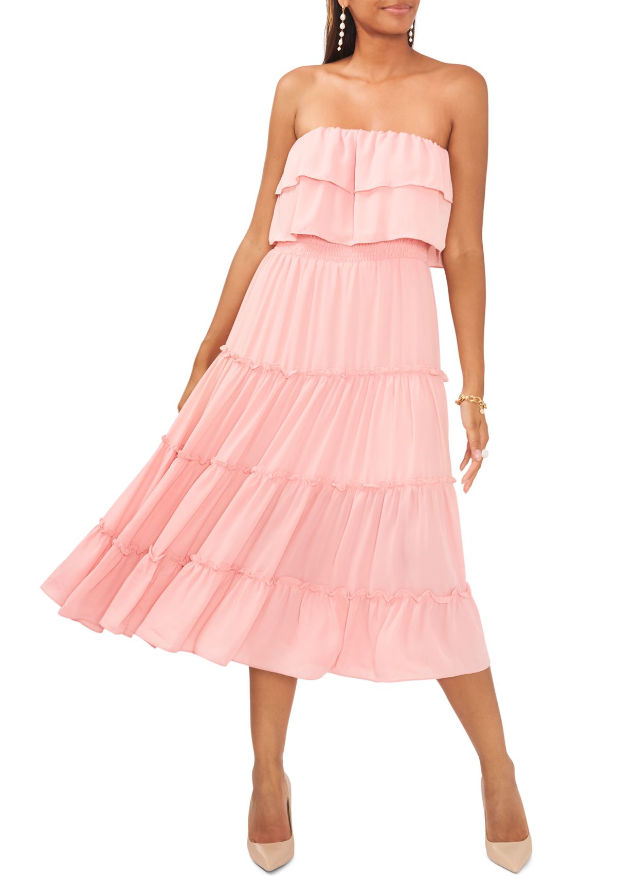 Womens Strapless Ruffle Tiered Maxi Dress