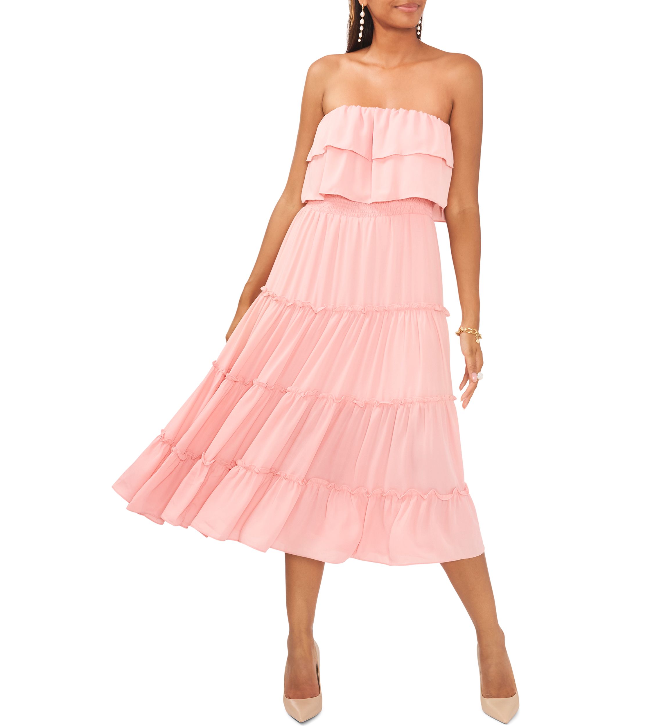 Womens Strapless Ruffle Tiered Maxi Dress
