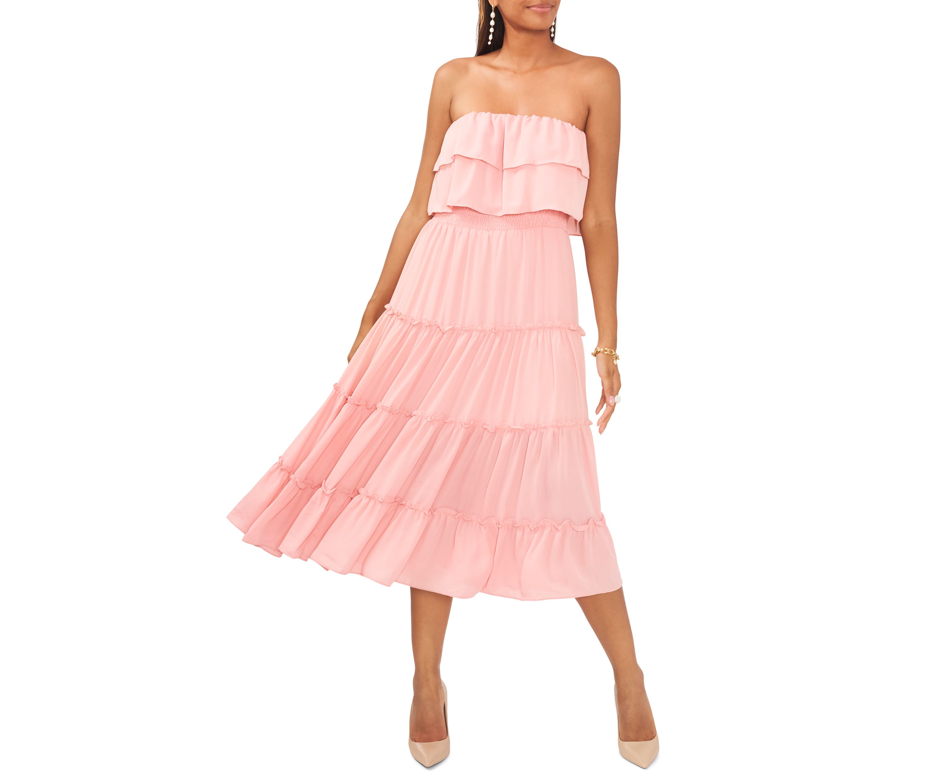 Womens Strapless Ruffle Tiered Maxi Dress
