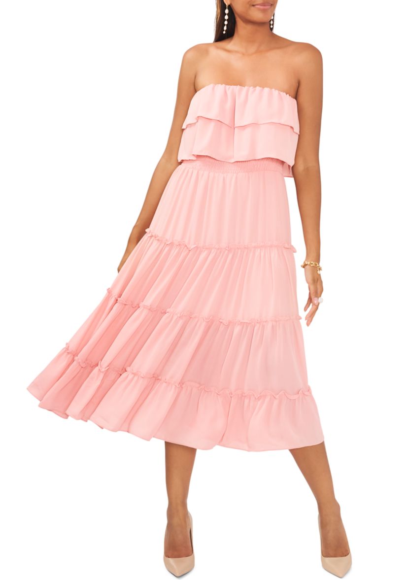 Womens Strapless Ruffle Tiered Maxi Dress