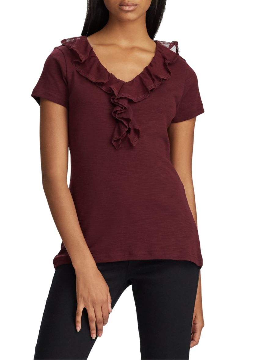Lucas Short Sleeve Ruffle V Neck Knit Top