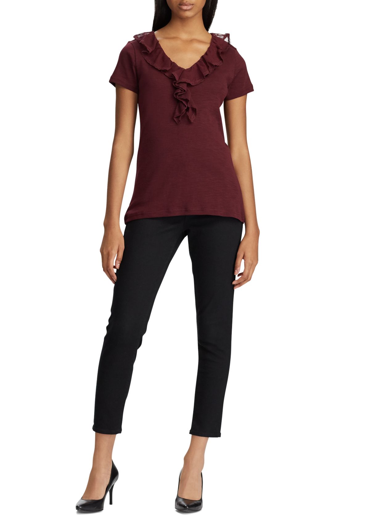Lucas Short Sleeve Ruffle V Neck Knit Top
