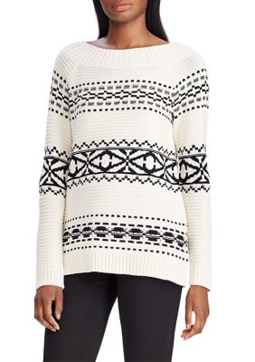 Maglione Donna Chaps Fair Isle Grigio - Girocollo Sud-Ovest In Cotone - Taglie S M L XL