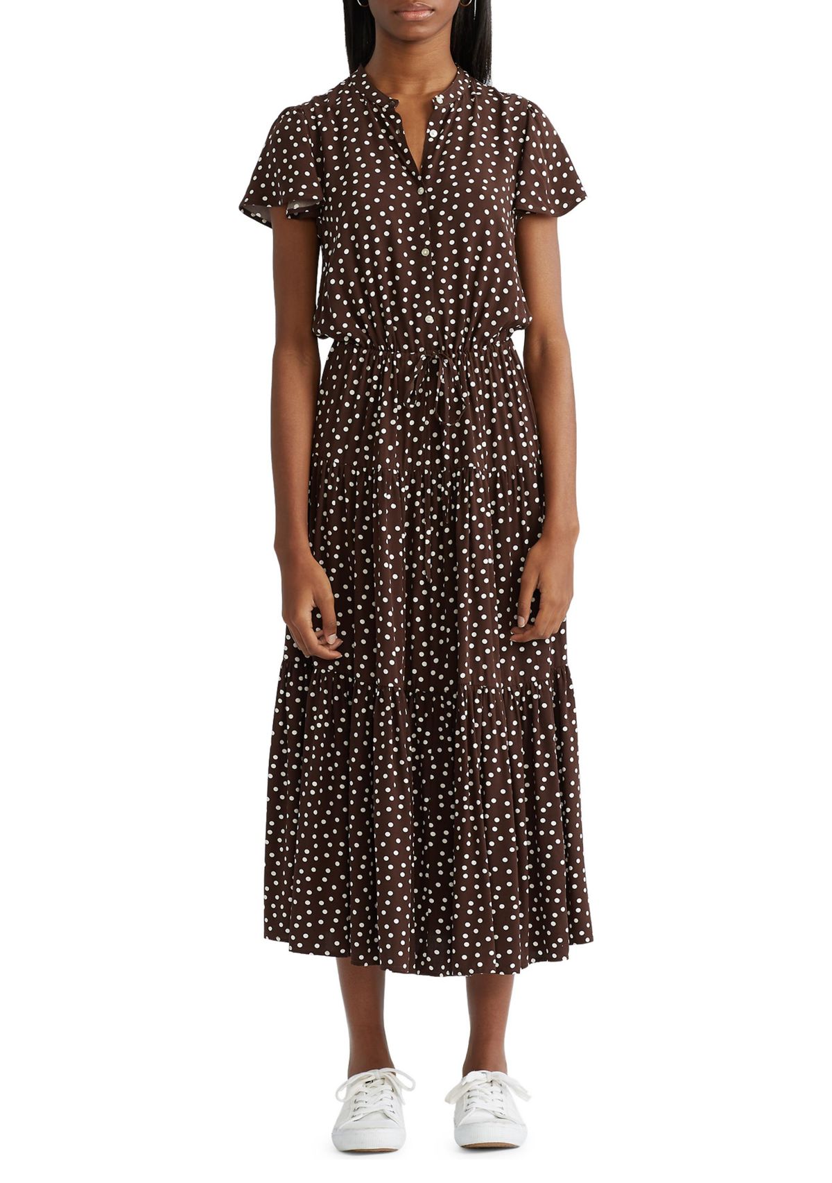 Womens Tiered Flutter Sleeve Dress