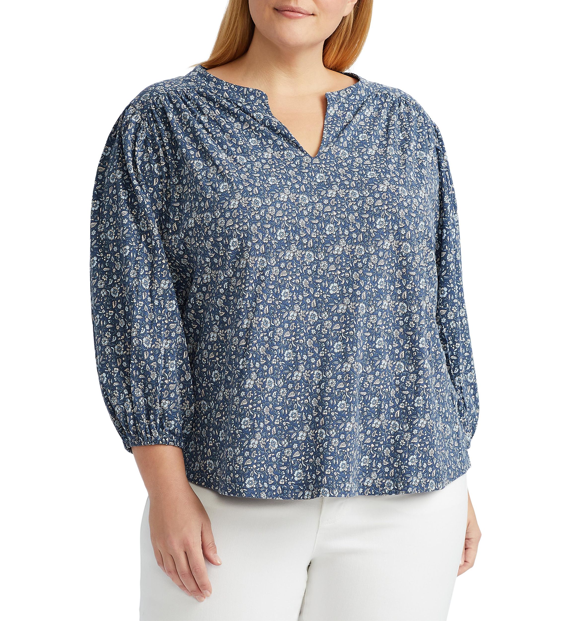 	  Plus Size Shirred Cotton Top 