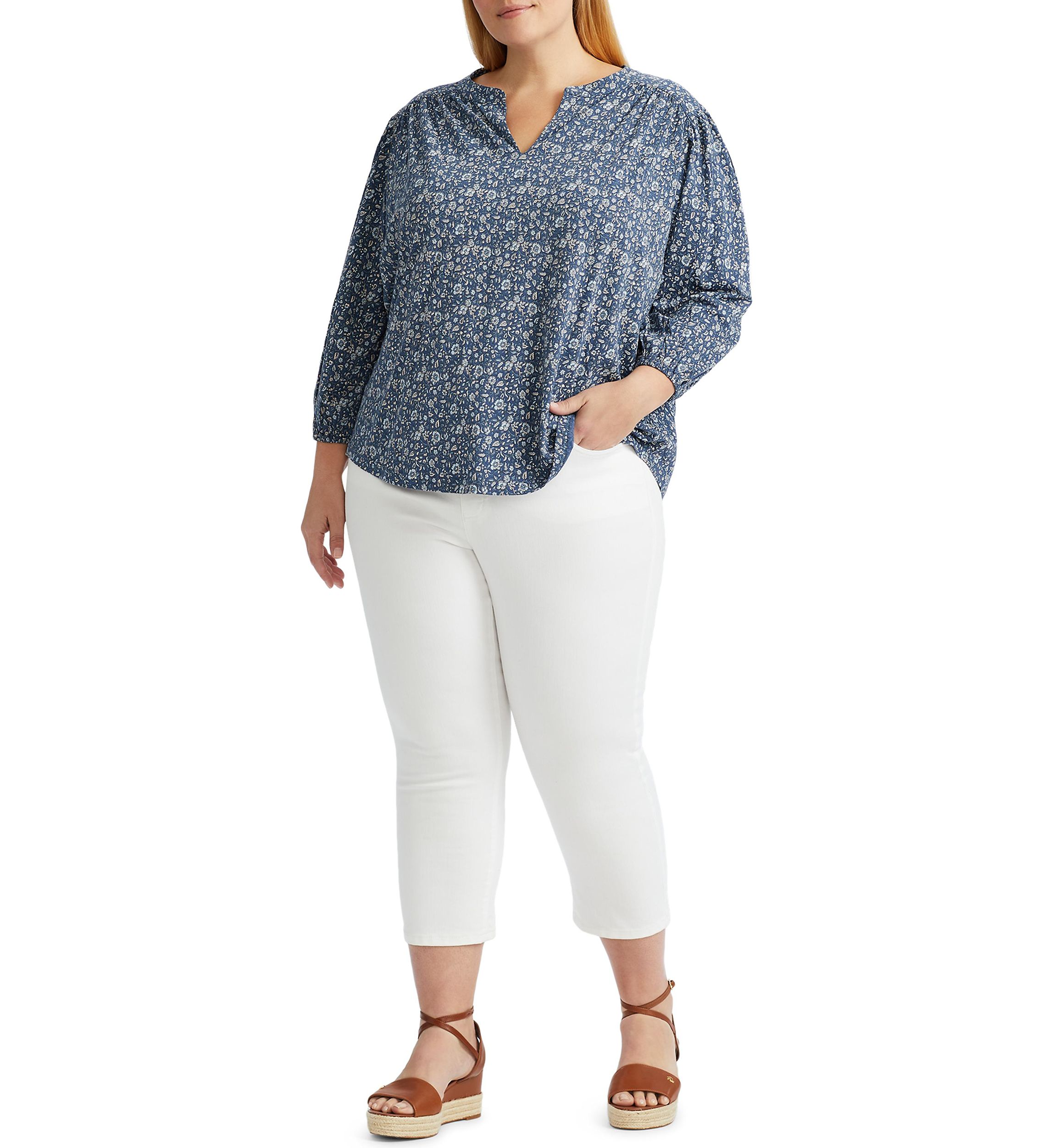 	  Plus Size Shirred Cotton Top 