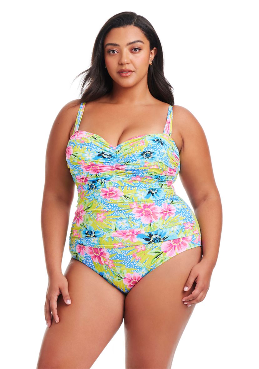 Plus Size Lets Get Away Shirred Bandeau One Piece Swimsuit