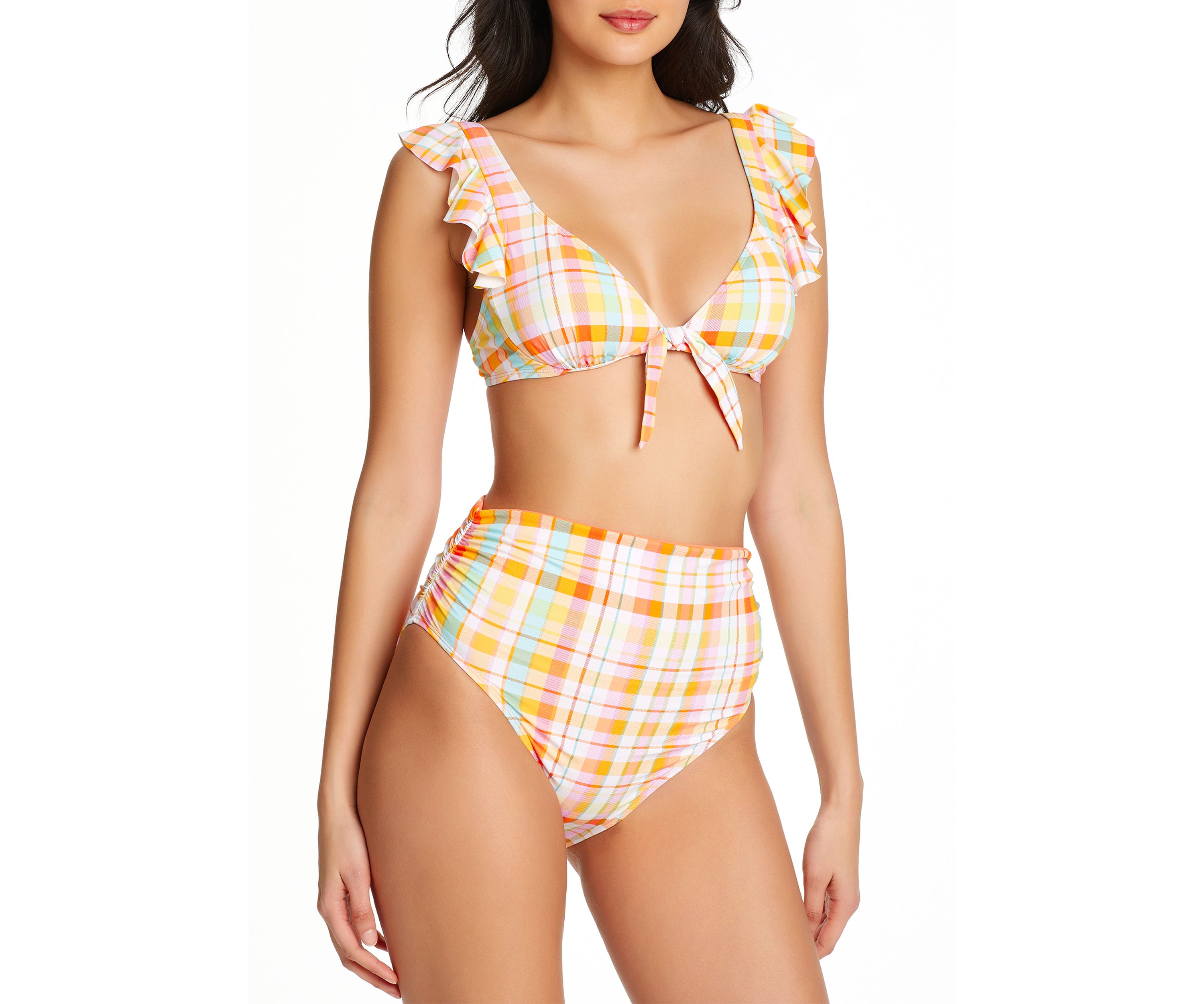 Hip To Be Square Ruffle Off the Shoulder Swim Top