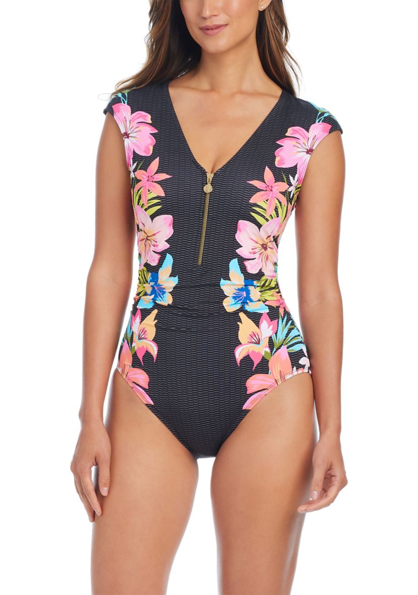 Sweet Escape Cap Sleeve Zip Up One Piece Swimsuit 
