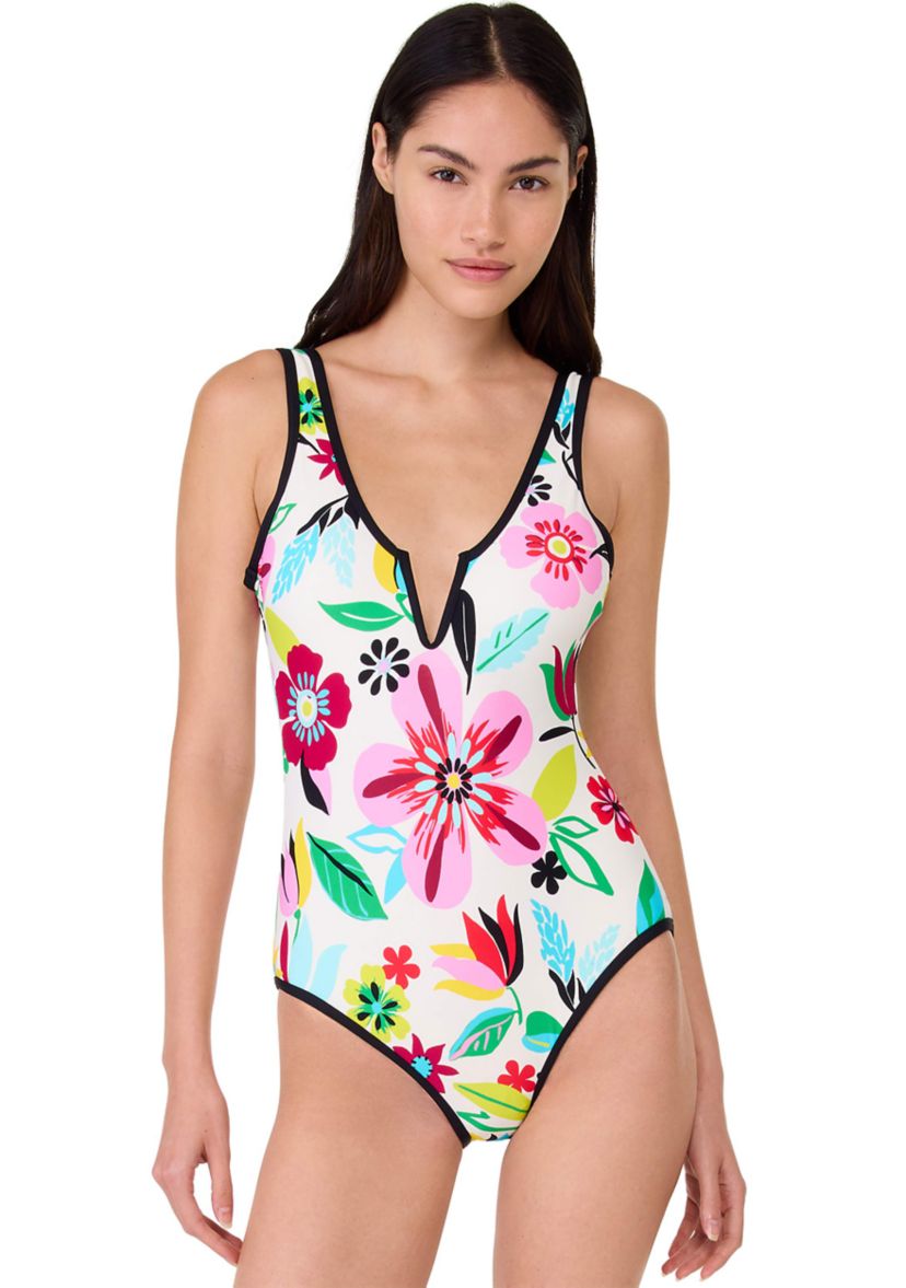 Floral V Wire Plunge Back One Piece Swimsuit 