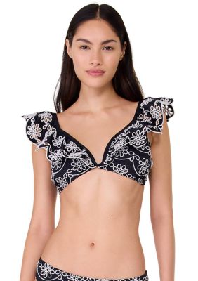 kate spade new york Women's Eyelet Ruffle Swim Bikini Top, Black, Medium