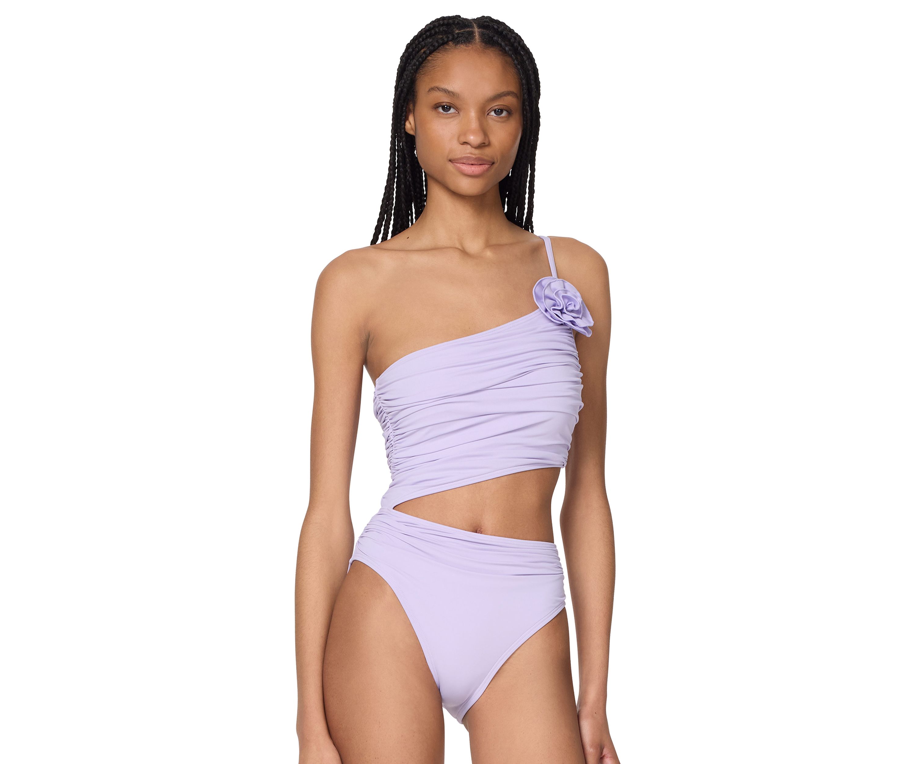 One Shoulder Shirred Cut Out One Piece Swimsuit