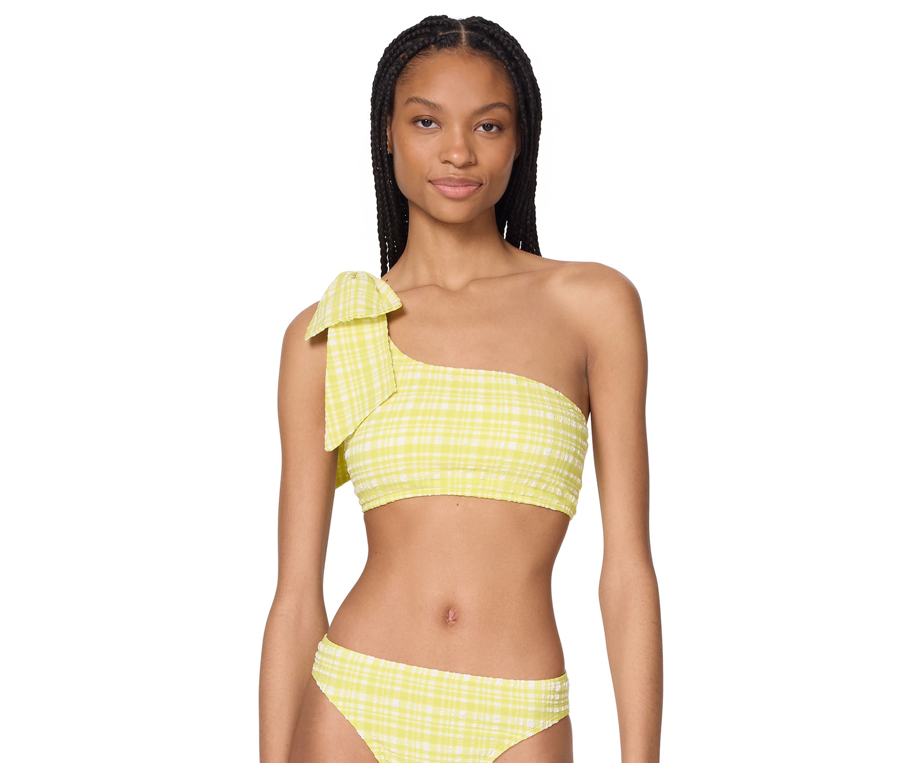 Bow One Shoulder Plaid Bikini Swim Top 