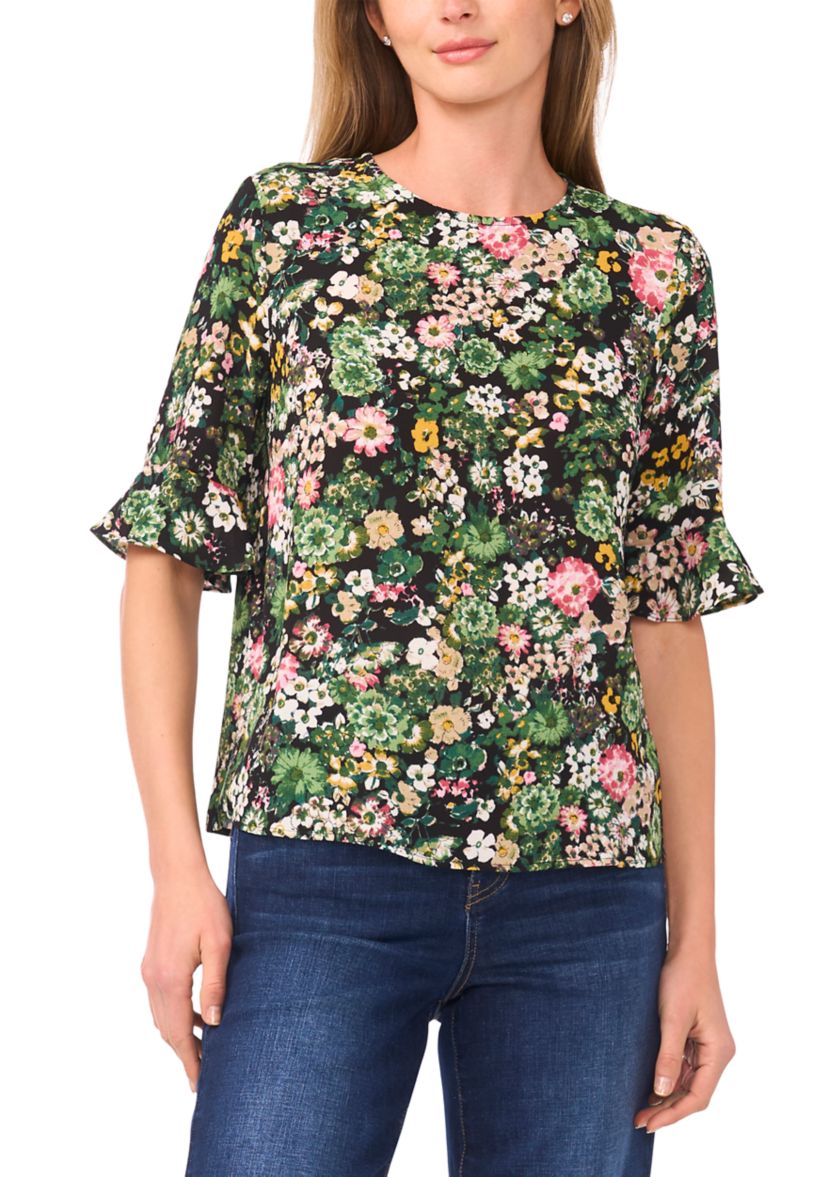 Womens Floral Ruffle Sleeve Blouse