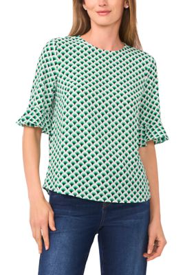 CeCe Women's Geometric Ruffle Sleeve Blouse, Green, Small