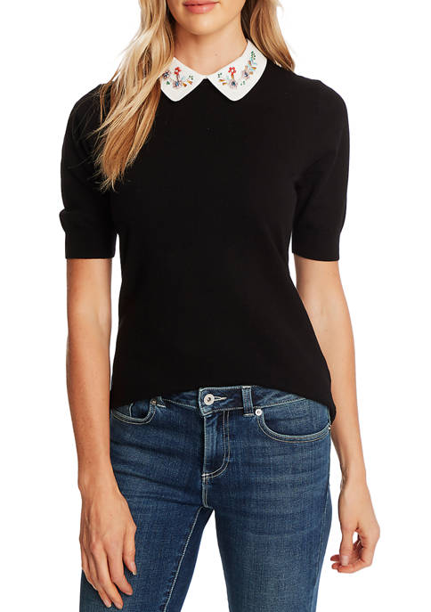 CeCe Short Sleeve Pullover Sweater with Embroidered Collar