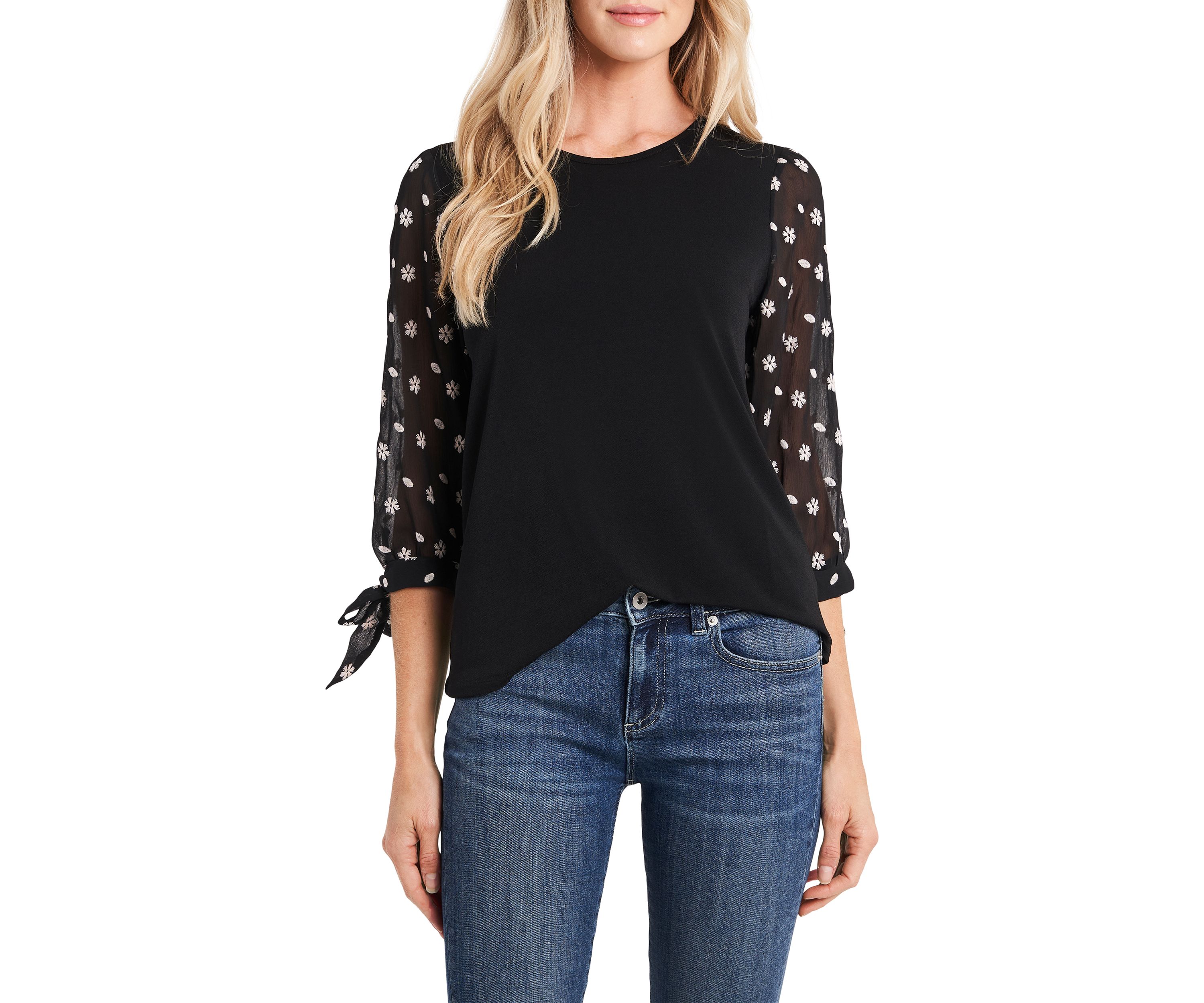 Womens Embroidered Puff Sleeve Knit Top
