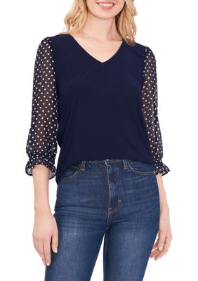 CeCe Women's V-Neck Polka Dot Mixed Media Top, Navy Blue, XS -  0194288886453