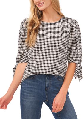 Women's Tie Sleeve Gingham Printed Woven Top