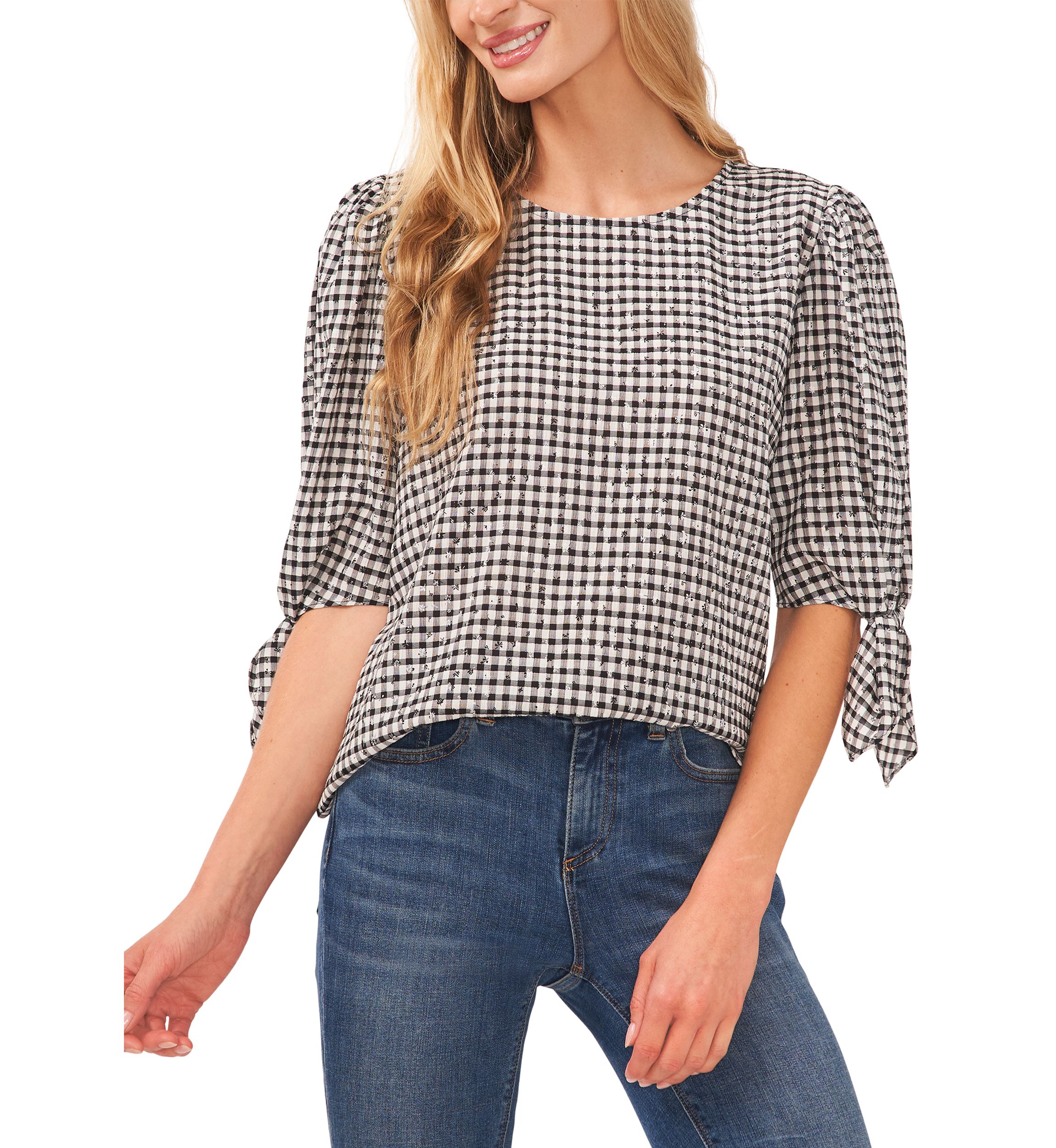 Womens Tie Sleeve Gingham Printed Woven Top
