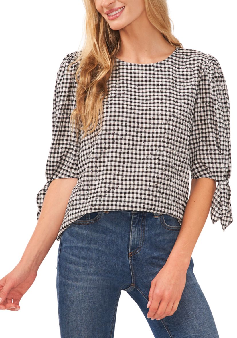 Womens Tie Sleeve Gingham Printed Woven Top