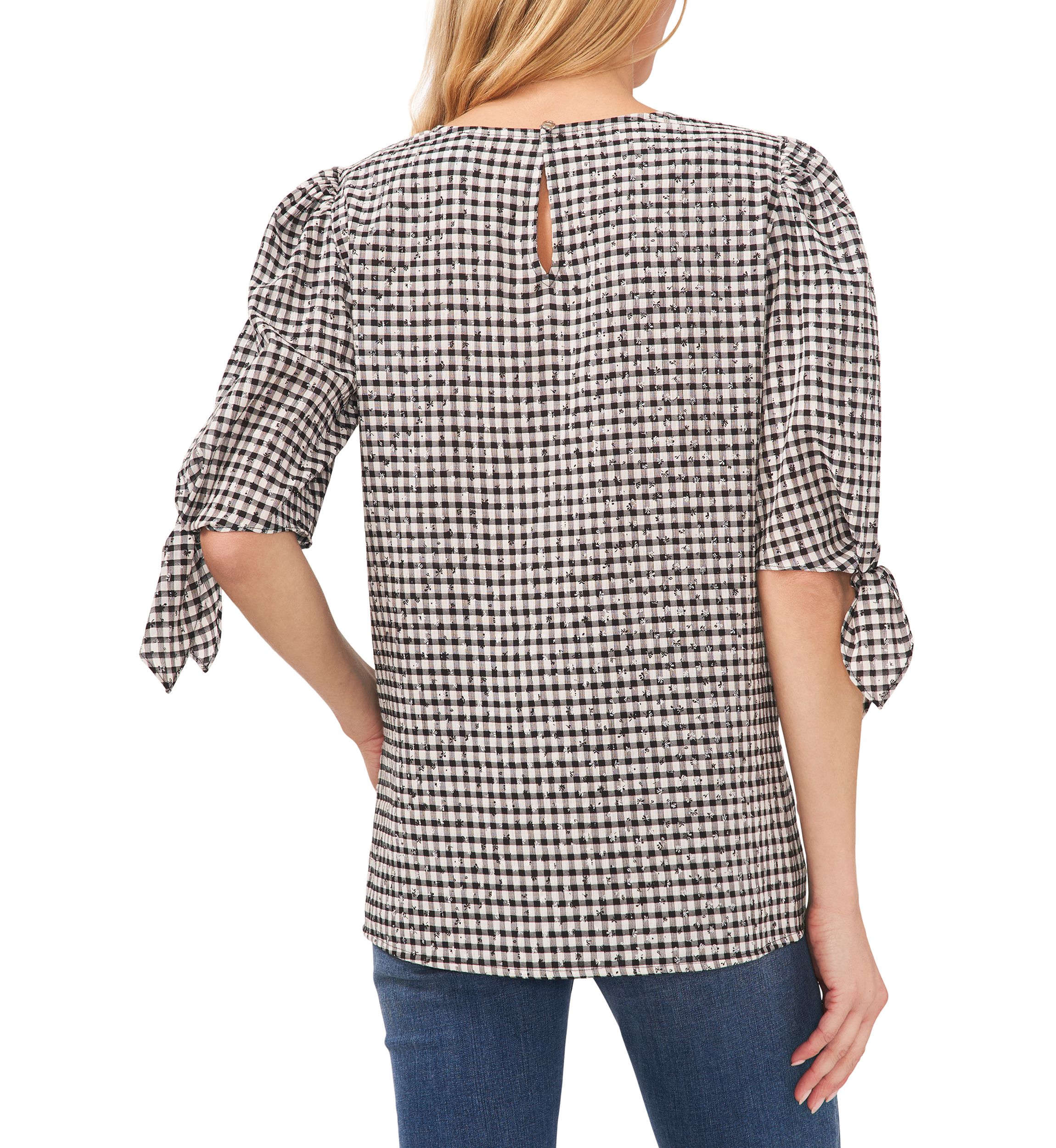 Womens Tie Sleeve Gingham Printed Woven Top