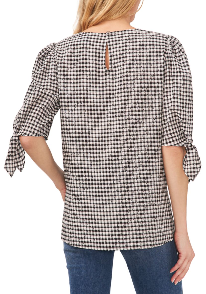 Womens Tie Sleeve Gingham Printed Woven Top
