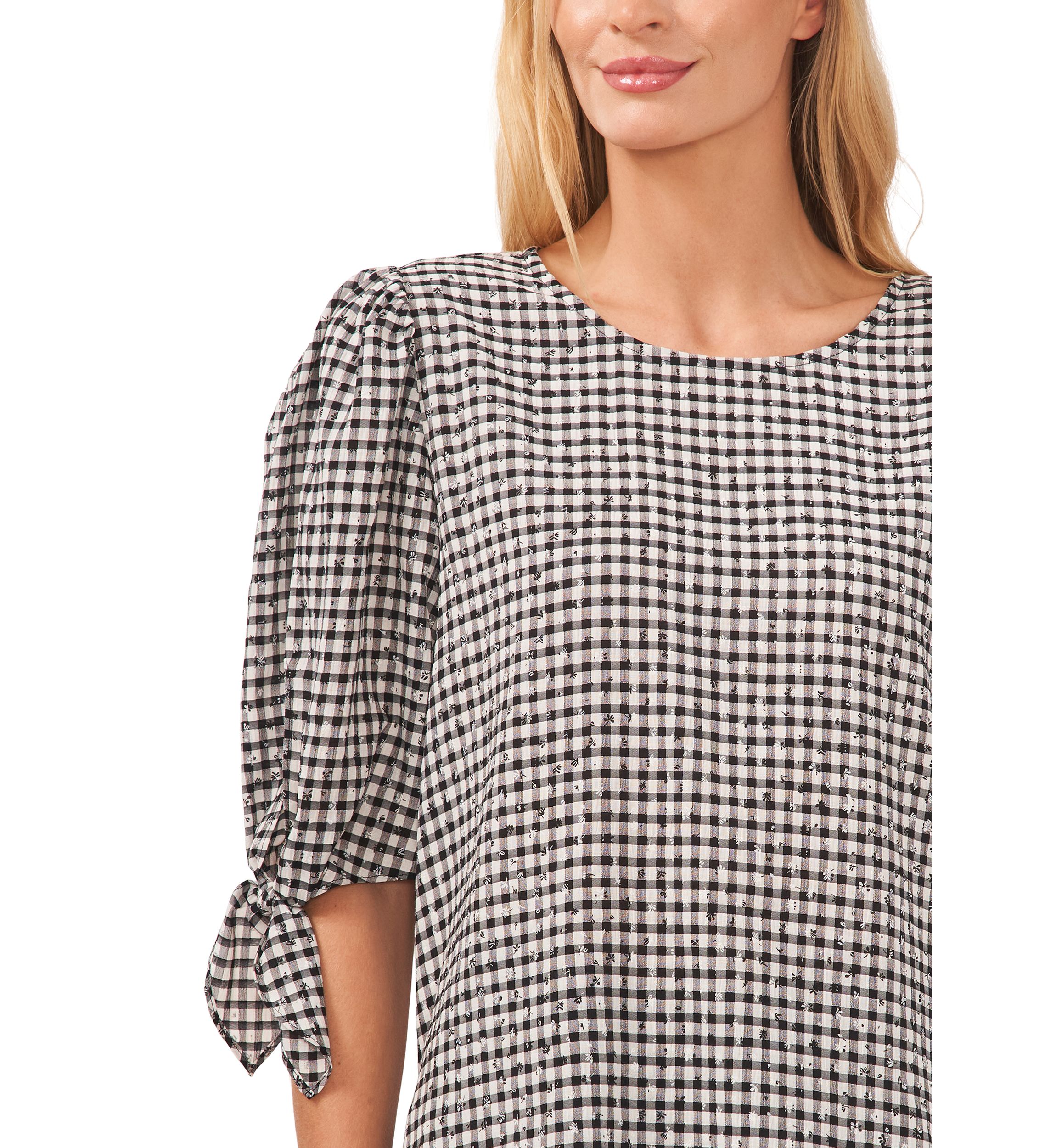 Womens Tie Sleeve Gingham Printed Woven Top