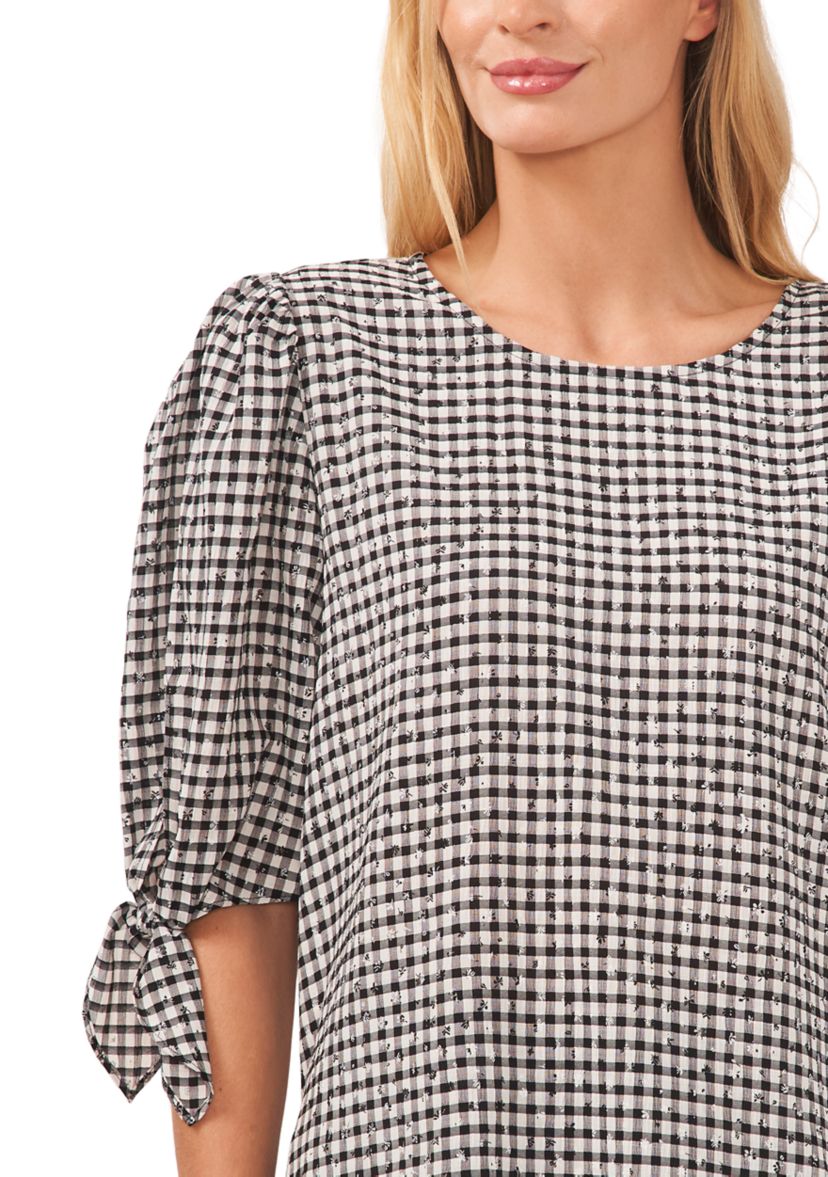 Womens Tie Sleeve Gingham Printed Woven Top