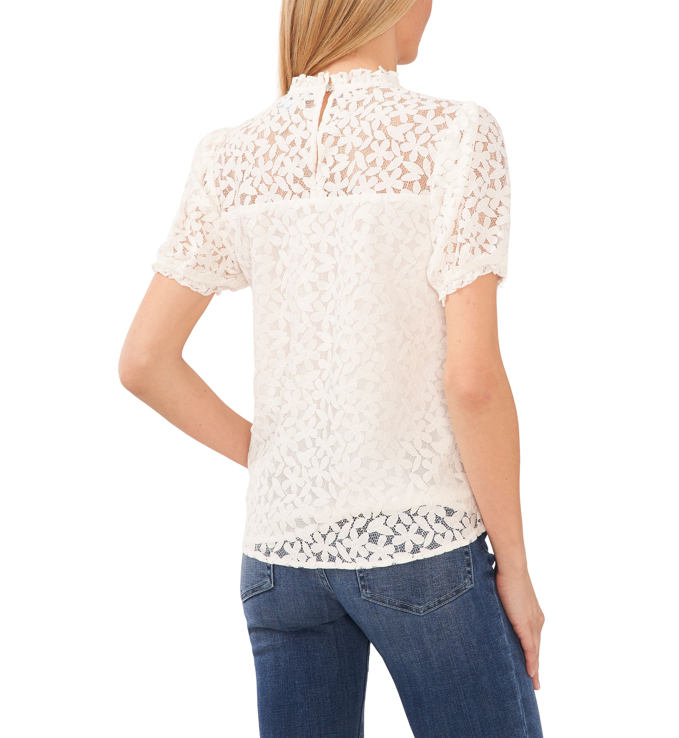 Womens Ruffle Neck Short Puff Sleeve Blouse