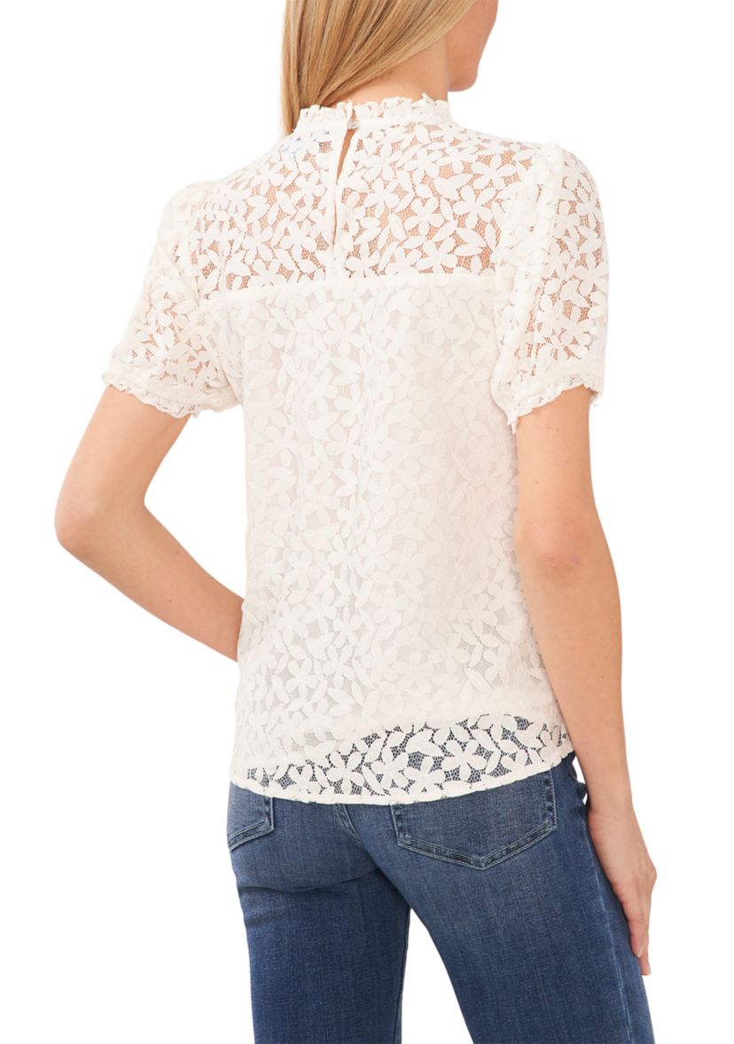 Womens Ruffle Neck Short Puff Sleeve Blouse