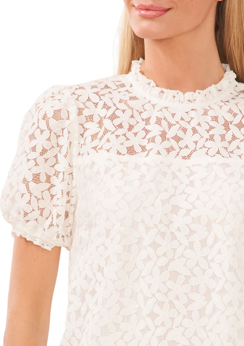 Womens Ruffle Neck Short Puff Sleeve Blouse