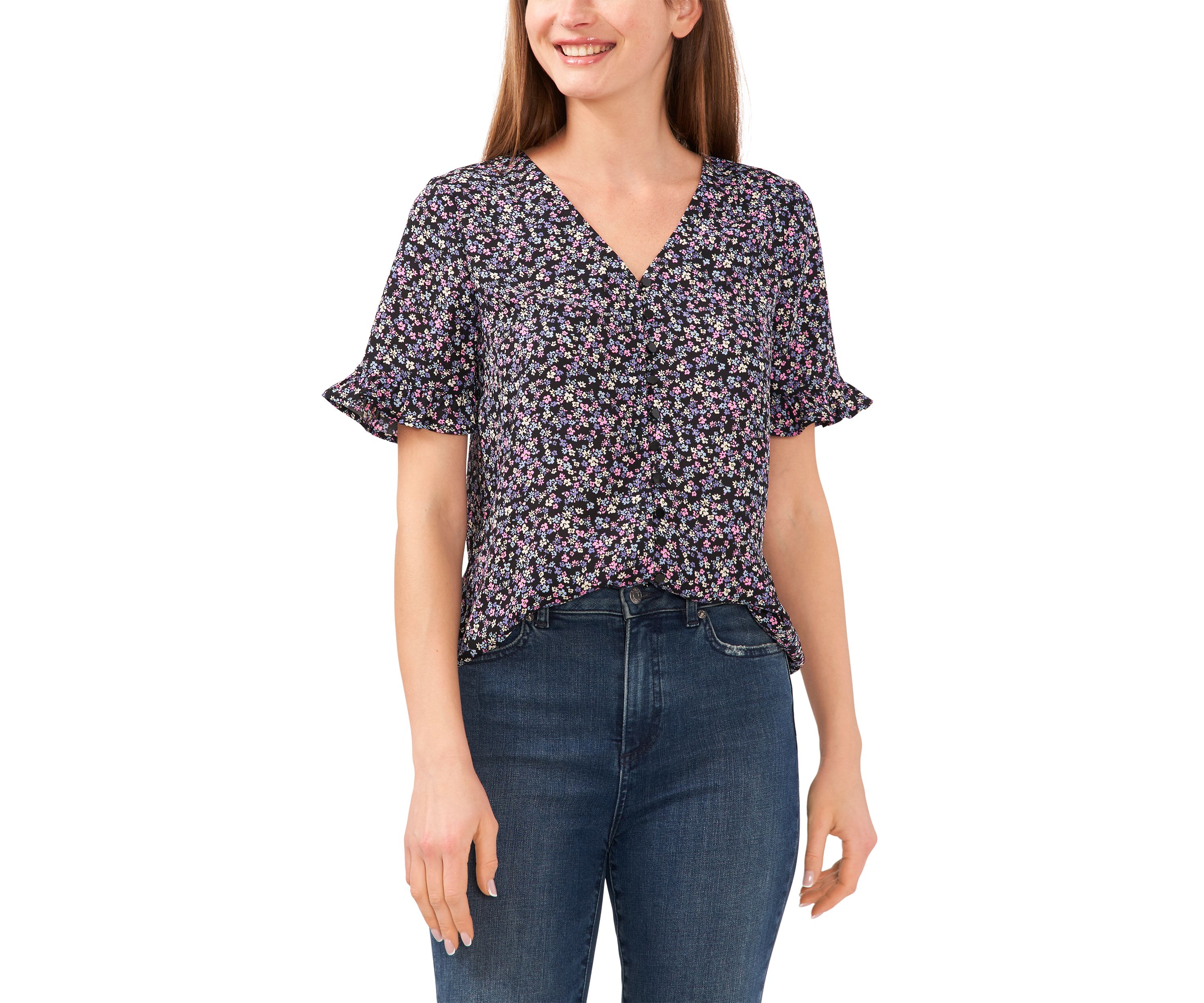 Womens Ruffle Ditsty Floral Printed Blouse